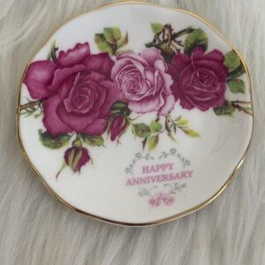 (182)Floral 'Happy Anniversary' Decorative Trinket Dish - Pink Roses Tiny dish.